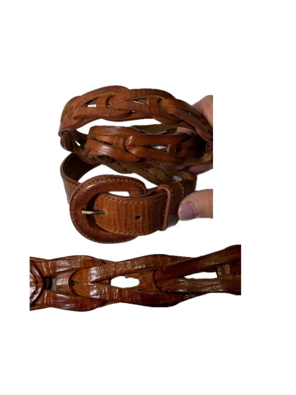 Vintage 90s Cognac Brown Leather Interlocking Puzzle Link Belt Women L /XL Boho